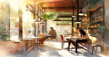 城市咖啡馆一角，女性读者手捧都市情感小说，窗外阳光斜射，画面温暖柔和