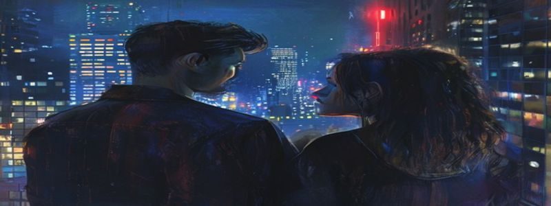 都市夜晚高楼霓虹灯下，一对男女背影相望，情感暧昧张力十足，呼应嫂子的诱惑禁忌情感主题