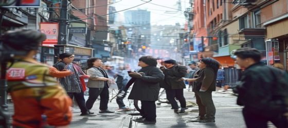 都市情感剧拍摄现场，导演与演员在城市街头场景中对戏，画面真实感强，呼应嫂子的诱惑影视改编主题
